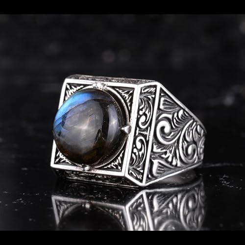 KAMBO Doğal Yuvarlak Taşlı Kare Erkek Yüzük 925 Ayar Gümüş – Osmanlı Desen El Yapımı Taşlı Yüzük (Mavi Flaş Labradorit)