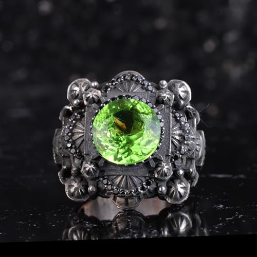KAMBO Sertifikalı Peridot Taşlı Cami Yüzüğü Erkek - 925 Ayar Gümüş Osmanlı Tarzı Bildiri Yüzüğü - El Yapımı Yeşil Taşlı