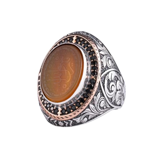 Doğal Taşlı Erkek Büyük Yüzük – Oval Taşlı Vintage Bizans Kazınmış Bildiri Yüzüğü-Antik Telkari 925 Ayar Gümüş Takı (Arap Kaligrafisi Yemen Akik) - 2