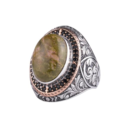 Erkek için Doğal Taşlı Büyük Yüzük – Oval Taşlı Vintage Bizans Kazınmış Bildiri Yüzüğü-Antik Telkari 925 Ayar Gümüş Takı (Unakite) - 2
