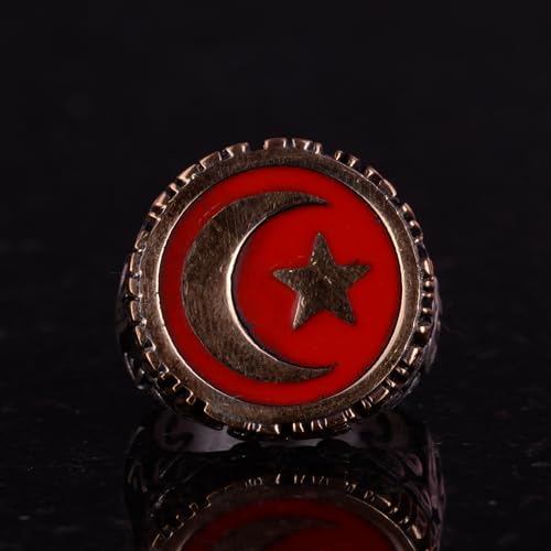 Erkek Gümüş Yüzük - Kırmızı Hilal and Yıldız Tasarım, Türk Flag Yüzük