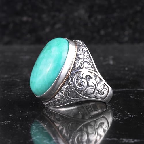 KAMBO Doğal Amazonit Taşlı Erkekler için Büyük Yüzük - Oval Mavi Yeşil Taş Vintage Kazınmış Bildiri Yüzüğü - 925 Ayar Gü