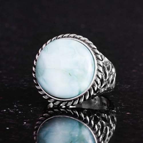 Doğal Taş Yüzük - 925 Ayar Gümüş Erkek Yüzük ile Larimar