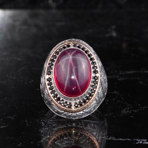 Erkekler için Doğal Taşlı Büyük Yüzük – Oval Taşlı Vintage Bizans Kazınmış Bildiri Yüzüğü-Antik Telkari 925 Ayar Gümüş T