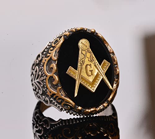 Doğal Obsidyen Değerli Taş Yüzük - 925 Ayar Gümüş Yüzük - Mühür Yüzük (Masonic)