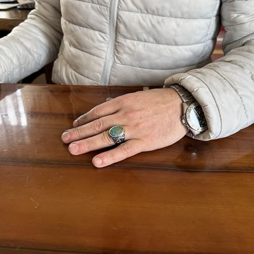KAMBO Doğal Turkuaz Taşlı Erkek Yüzük 925 Ayar Gümüş Oval Kabaşon Osmanlı Kaydırma Desenli El Yapımı Vintage Stil Yüzük (Turkuaz-4) - 6