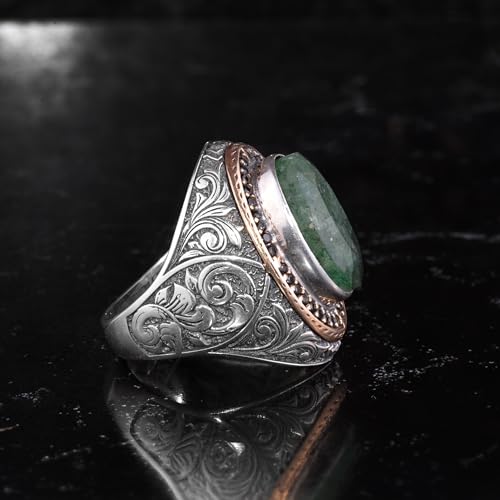 Doğal Taşlı Erkek Büyük Yüzük – Oval Taşlı Vintage Bizans İşlemeli Bildiri Yüzüğü-Antik Telkari 925 Ayar Gümüş Takı (Züm
