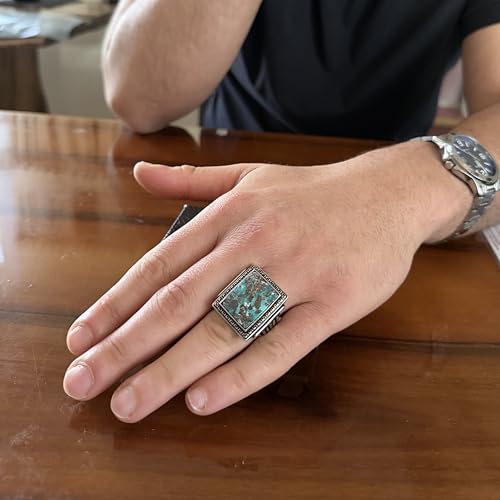 KAMBO Doğal Turkuaz Taşlı Büyük Yüzük Erkekler için - 925 Ayar Gümüş El Yapımı Dikdörtgen Bildiri Yüzüğü - Yunan Desen Vintage Takı - 5