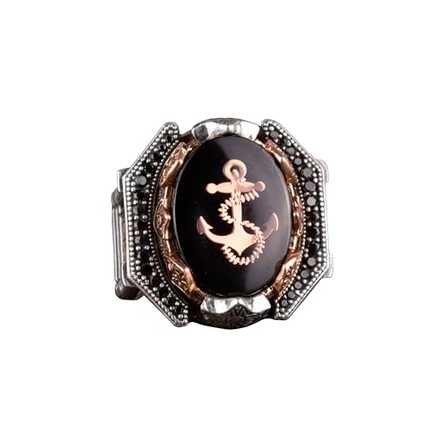 925 Ayar Gümüş Erkek Yüzük - Çapa Yüzük - Captain Denizci Yüzük - Marine Themed Takı