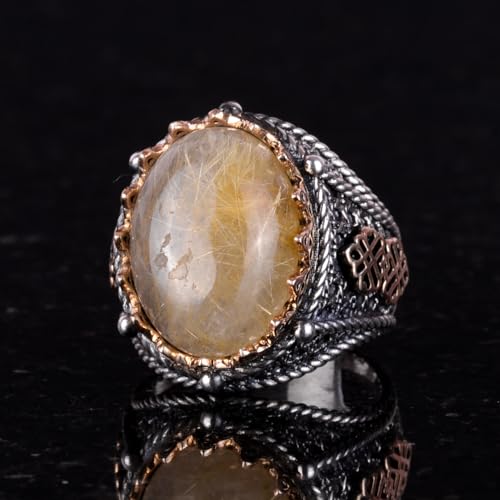 Doğal Kabason Altın Rutile Kuvars Taş Yüzük
