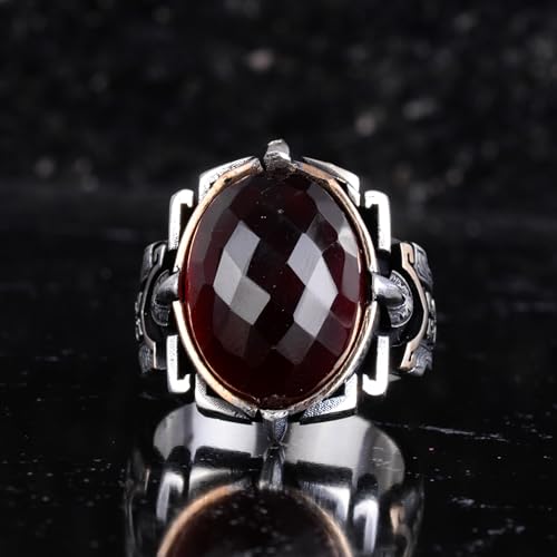 KAMBO Doğal Taş Yüzük 925 Ayar Gümüş – El Yapımı Erkek Bildiri Yüzüğü Şifa Takı (Garnet)