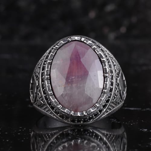 Doğal Safir Taşlı Erkek Yüzük 925 Ayar Gümüş Dişli Çerçeve Siyah Taş Halo El Yapımı Bildiri Yüzüğü (Pembe Safir)