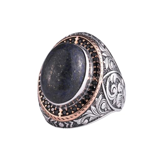 Doğal Taşlı Erkek Büyük Yüzük – Oval Taşlı Vintage Bizans İşlemeli Bildiri Yüzüğü-Antik Telkari 925 Ayar Gümüş Takı (Lap