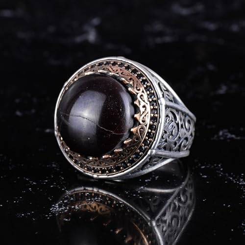 KAMBO Taşlı 925 Ayar Gümüş Erkek Yuvarlak Yüzük Bronz Detaylı Bildirim Yüzüğü Vintage Osmanlı Tarzı El Yapımı Gümüş Erke