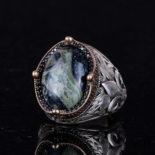 925 Ayar Gümüş El İşi Erkek Yüzük - Available ile Different Doğal Stones (Yeşil Eye)