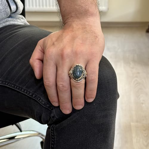 Doğal Mossy Akik Taş Yüzük, Aslan Head Erkek Yüzük, 925K Pure Gümüş Erkek Yüzük - El İşi Zariflik