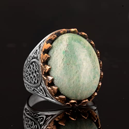 Doğal Amazonite Yüzük, Gümüş Amazonite Yüzük, 925 Ayar Gümüş Erkek Yüzük, Big Yüzük
