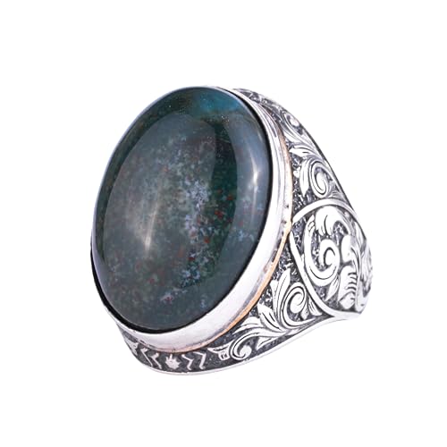 KAMBO Doğal Yeşil Kan Taşı Taşlı Büyük Yüzük Erkekler için - Oval Kabaşon Taşlı Vintage Çiçekli Kazınmış Bildirim Yüzüğü