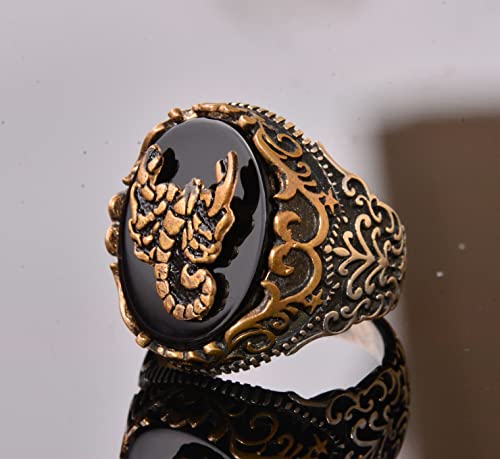 Doğal Obsidan Taş Yüzük - 925 Ayar Gümüş Yüzük - Stamp Yüzük (Akrep)