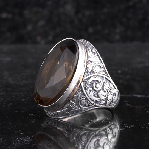 KAMBO Doğal Dumanlı Topaz Taşlı Büyük Yüzük Erkekler için - Yönlü Oval Taş Vintage Kazınmış Bildiri Yüzüğü - 925 Ayar Gü
