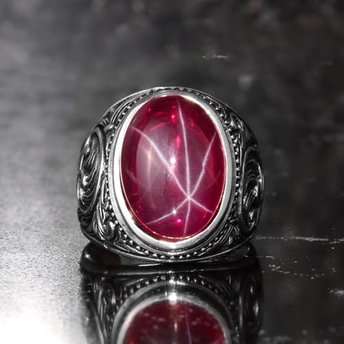 KAMBO Doğal Yıldız Yakut Taş Yüzük Erkekler için 925 Ayar Gümüş Osmanlı Desen El Yapımı Bildirimi Yüzüğü Asterism Yakut - 6