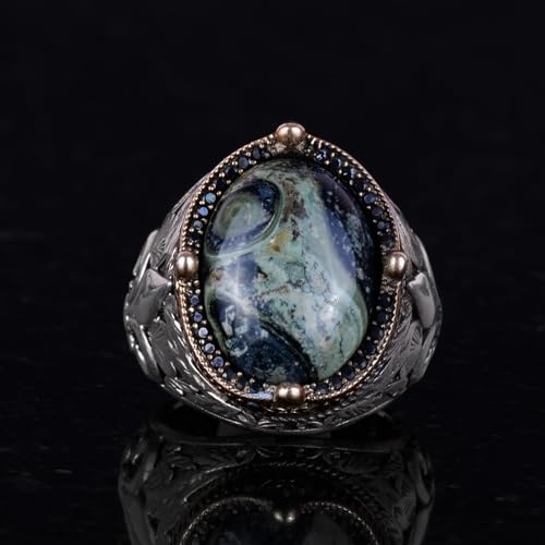 925 Ayar Gümüş El İşi Erkek Yüzük - Available ile Different Doğal Stones (Yeşil Eye)