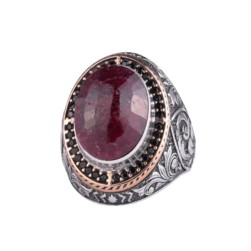 Doğal Taşlı Erkek Büyük Yüzük – Oval Taşlı Vintage Bizans İşlemeli Bildiri Yüzüğü-Antik Telkari 925 Ayar Gümüş Takı (Yakut) - 2