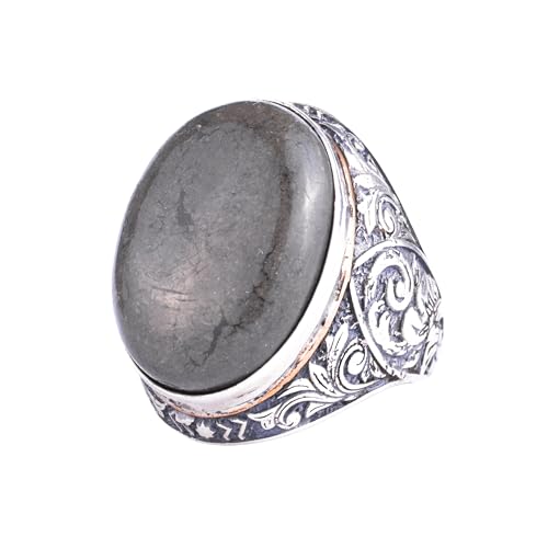 KAMBO Erkekler için Doğal Taşlı Büyük Yüzük - Oval Taş Vintage Çiçek Kazınmış Bildirim Yüzüğü - 925 Ayar Gümüş El Yapımı Erkek Takı - 2