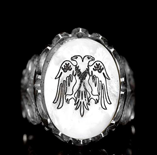 925 Ayar Gümüş Erkek Yüzük - 5.30 Carat Doğal İnci Taş, Double Headed Kartal Tasarım