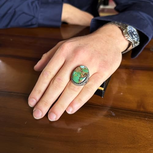 KAMBO Doğal Turkuaz Taşlı Yüzük 925 Ayar Gümüş Erkek Yüzük Büyük Oval Taş Osmanlı Tuğra Tarzı El Yapımı Vintage Tasarım (Turkuaz-1) - 6