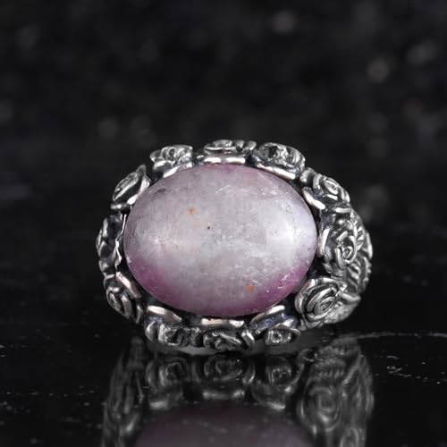 KAMBO 925 Ayar Gümüş Doğal Taşlı Erkek Yüzük – Erkekler için El Yapımı Çiçekli Vintage Bildiri Yüzüğü (Yakut)