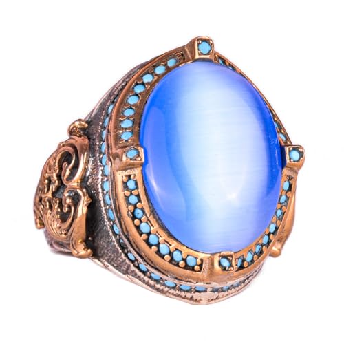 925 Ayar Gümüş Erkek Yüzük, Artificial Mavi Cat's Eye Taş, El İşi Vintage Tasarım Expression Yüzük