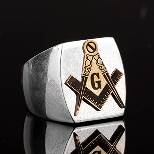 Kambo Erkek 925 Ayar Gümüş Masonic Yüzük ile Altın Tone Emblem