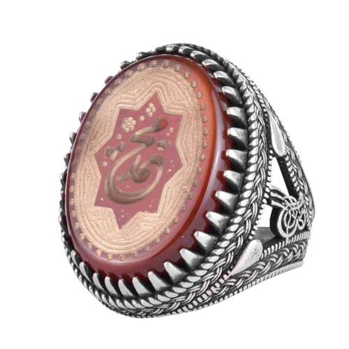 KAMBO Doğal Akik İşlemeli Osmanlı Tuğra Tarzı Mühür Yüzük 925 Ayar Gümüş Büyük Erkek Yüzük Oval Kırmızı Taş El Yapımı Vintage Tasarım (Arapça ع (Ayin)) - 2