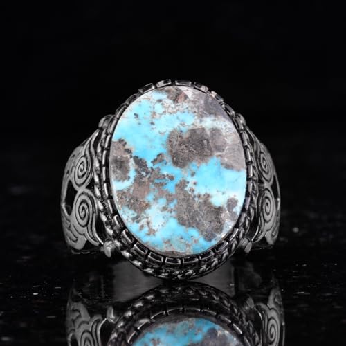 Doğal Arizona Turkuaz Baykuş Figürlü Gümüş Erkek Yüzük (Model-2)