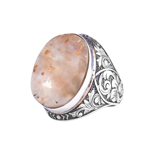 KAMBO Doğal Sarı Safir Taşlı Büyük Yüzük Erkekler için - Yönlü Oval Taş Vintage Kazınmış Bildiri Yüzüğü - 925 Ayar Gümüş
