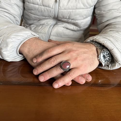 KAMBO Doğal Pembe Safir Taş Yüzük Erkekler için 925 Ayar Gümüş El Yapımı Bildirimi Yüzük Oval Yönlü Safir - 6