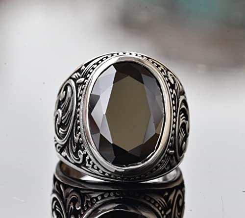 El İşi 925 Ayar Gümüş Erkek Yüzük ile Doğal Obsidyen Taş, Intricate Band Tasarım, Eşsiz Gümüş Yüzük