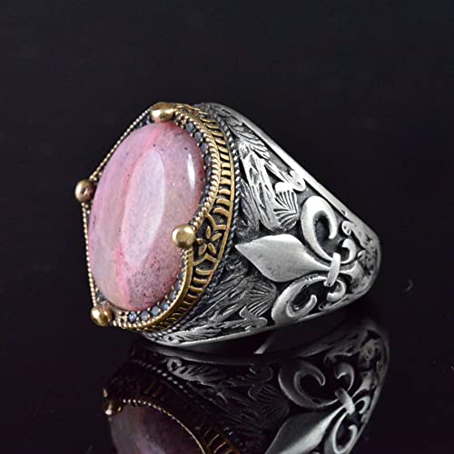 Lily Patterned Gümüş Yüzük - 925 Ayar Gümüş El İşi Erkek Takı (Rhodonite)