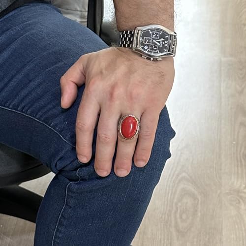925 Ayar Gümüş Erkek Yüzük, Büyük Yüzük (Kırmızı Mercan Sentetik Taş)