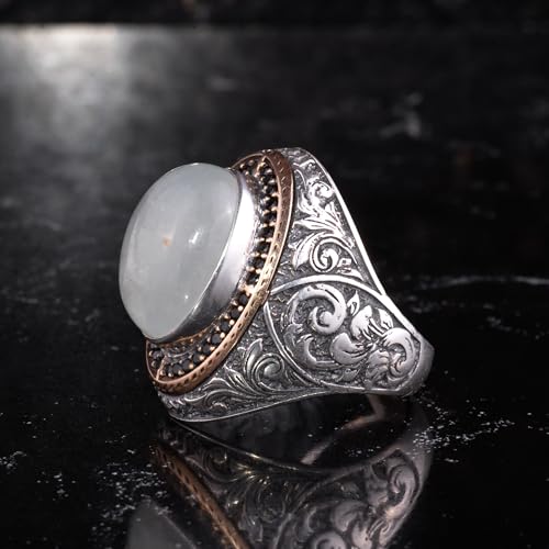 Erkekler için Doğal Taşlı Büyük Yüzük – Oval Taşlı Vintage Bizans Kazınmış Bildiri Yüzüğü-Antik Telkari 925 Ayar Gümüş T