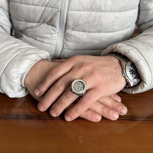 KAMBO Allah Yazılı Arapça Kaligrafi Erkek Yüzük - 925 Ayar Gümüş, Bronz Detaylı Oval Mühür Yüzüğü, El Yapımı İslami Takı - 6