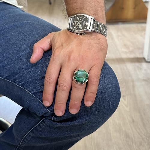 Doğal Malakit Taşlı Sekizgen Yüzük - El İşi 925 Ayar Gümüş Takı