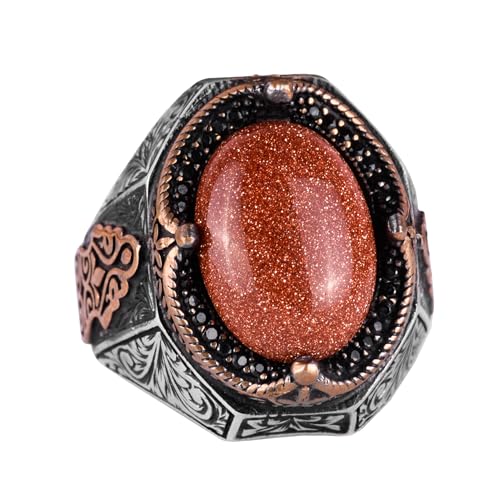 925 Ayar Gümüş Erkek Yüzük, Kahverengi Sunstone Artificial Taş Yüzük, Gümüş Stylish Erkek Yüzük
