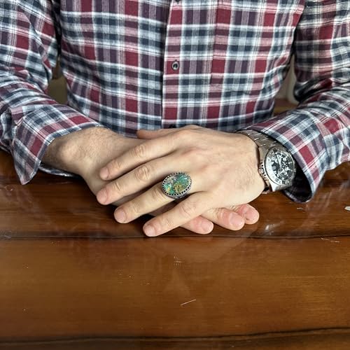 KAMBO Doğal Turkuaz Taşlı Büyük Erkek Yüzük 925 Ayar Gümüş Oval Kabaşon Osmanlı Tuğra İşlemeli El Yapımı Bildiri Yüzüğü (Turkuaz-1) - 6