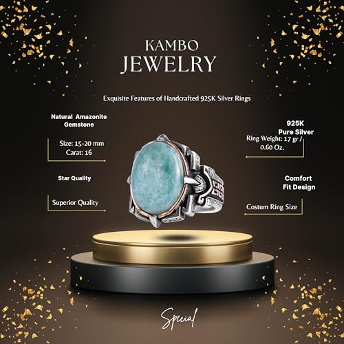 KAMBO Doğal Taş Yüzük 925 Ayar Gümüş – El Yapımı Erkek Bildiri Yüzüğü Şifa Takı (Amazonit)