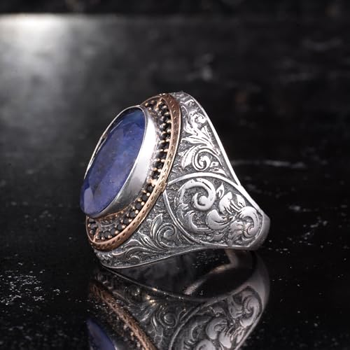 Doğal Taşlı Erkek Büyük Yüzük – Oval Taşlı Vintage Bizans İşlemeli Bildiri Yüzüğü-Antik Telkari 925 Ayar Gümüş Takı (Saf