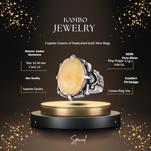KAMBO Doğal Taş Yüzük 925 Ayar Gümüş – El Yapımı Erkek Bildiri Yüzüğü Şifa Takı (Amber)