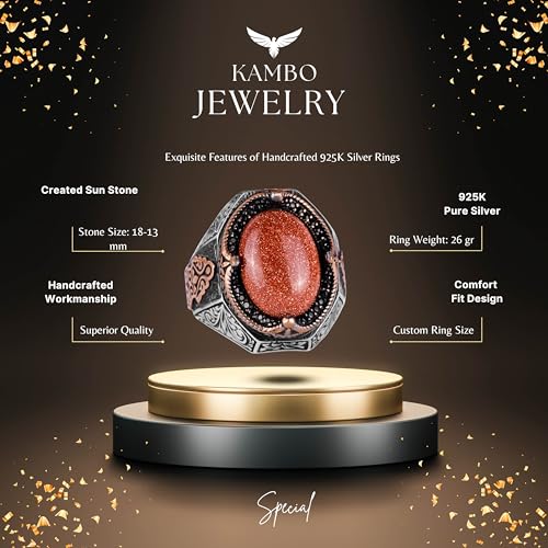 925 Ayar Gümüş Erkek Yüzük, Kahverengi Sunstone Artificial Taş Yüzük, Gümüş Stylish Erkek Yüzük