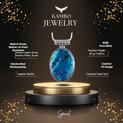 Doğal Taşlı Zincirli Erkek Kolye 925 Ayar Gümüş – Oval Taşlı Kolye Büyük Kolye (Okyanus Sedefi) - 4